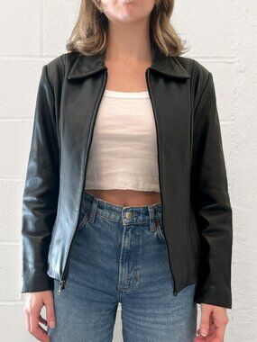 Vintage 90s Y2K Black Genuine Leather Minimalist Zip Jacket